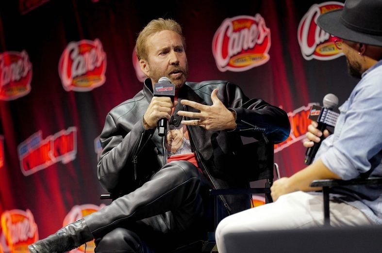 Nicolas Cage speaks on stage during a New York Comic Con panel