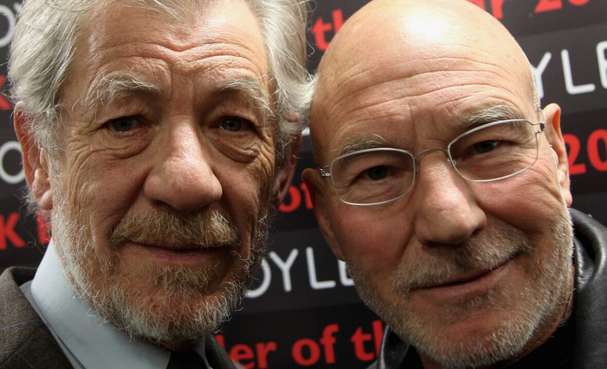 Patrick Stewart and Ian McKellen posing together for a photo.