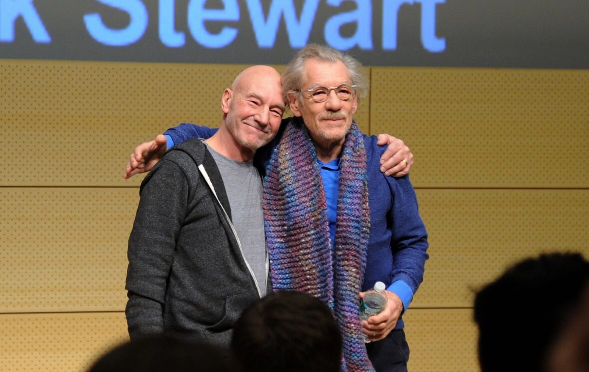 Patrick Stewart and Ian McKellen posing together for a photo.
