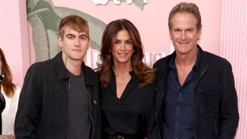 Presley Gerber, Cindy Crawford and Rande Gerber attend the World Premiere of Apple TV+'s "Palm Royale" at Samuel Goldwyn Theater on March 14, 2024 in Beverly Hills, California