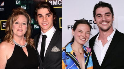 On the left: Actor R. J. Mitte (R) and his mother Dyna Mitte attend the third season premiere of the television show "Breaking Bad" at the ArcLight Hollywood Cinemas on March 9, 2010 in Hollywood, California. On the right: Kennedy Suarez and RJ Mitte attend the "Westhampton" premiere during the 2025 Tribeca Festival at Village East Cinema on June 07, 2025 in New York City.