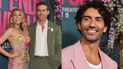 Ryan Reynolds with Blake Lively at the It Ends with Us premiere on the left, Justin Baldoni at the same premiere, posing separately, on the right