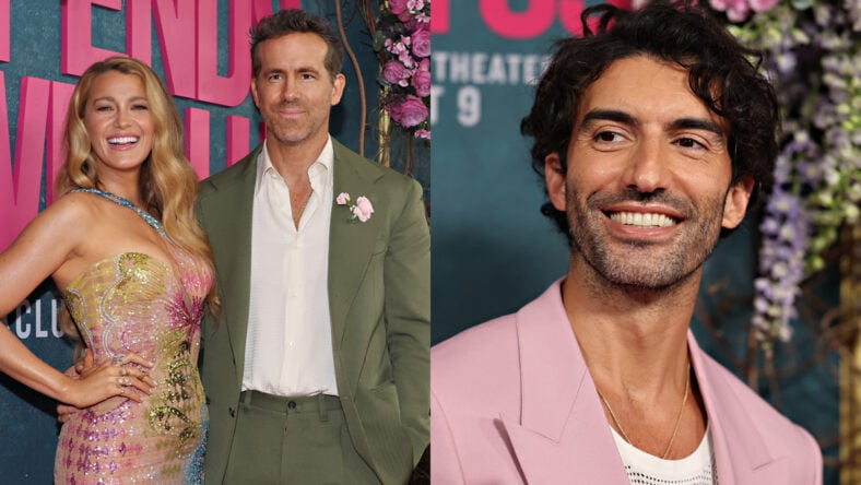 Ryan Reynolds with Blake Lively at the premiere of It Ends with Us on the left, Justin Baldoni at the same premiere, posing separately, on the right