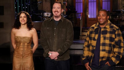 Photo of Rosalia, Shane Gillis and Kenan Thompson recording promos for Saturday Night Live