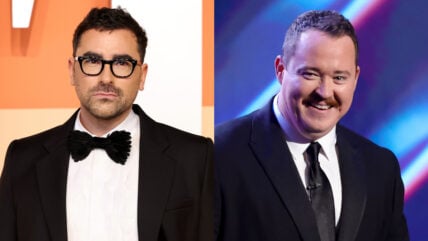 Dan Levy at the Vanity Fair Oscar party in 2025 on the left, Shane Gillis on stage at the ESPYs on the right