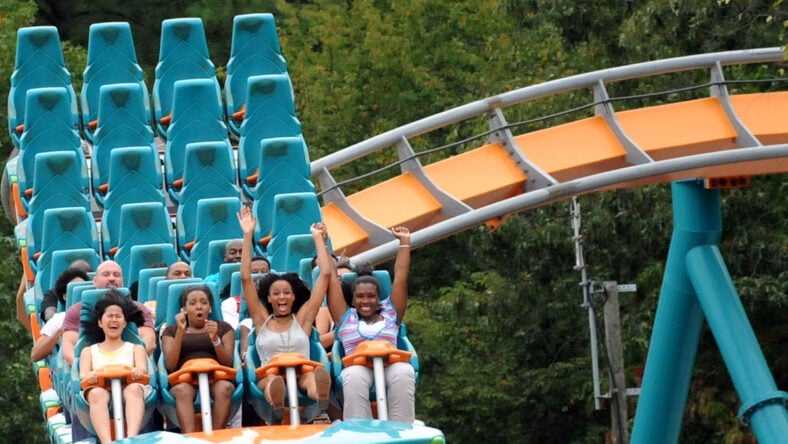 People riding the Goliath roller coaster at Six Flags