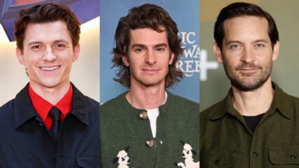 Andrew Garfield, Tom Holland and Tobey Maguire in three different stock images