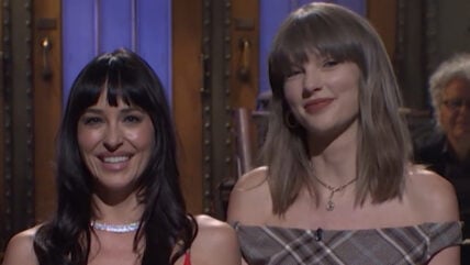 Still of Dakota Johnson and Taylor Swift during the SNL monologue