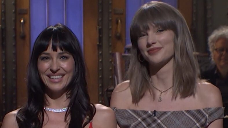 Still of Dakota Johnson and Taylor Swift during the SNL monologue
