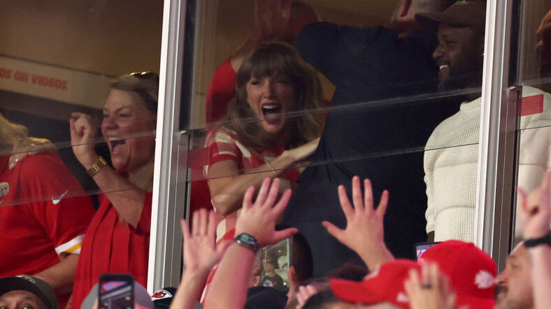 Taylor Swift celebrating in the suite at a Chiefs game