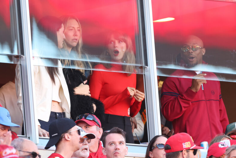 Taylor Swift and Caitlin Clark watch a game between the Kansas City Chiefs and the Los Angeles Chargers in the second quarter of a game at Arrowhead Stadium on October 18, 2026 in Kansas City, Missouri
