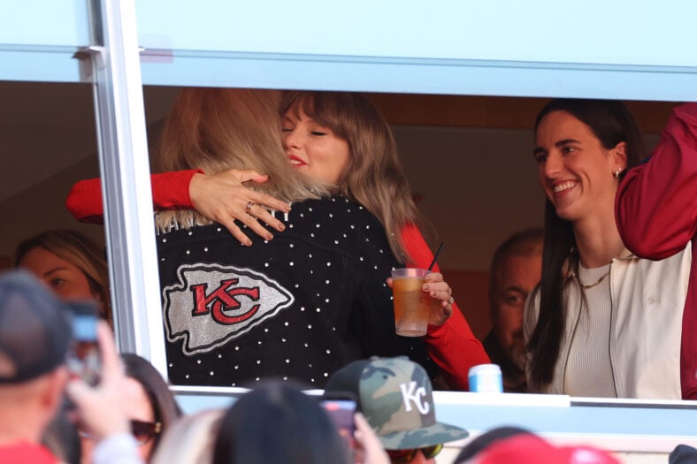 Taylor Swift and Caitlin Clark watch a game between the Kansas City Chiefs and the Los Angeles Chargers in the second quarter of a game at Arrowhead Stadium on October 18, 2026 in Kansas City, Missouri