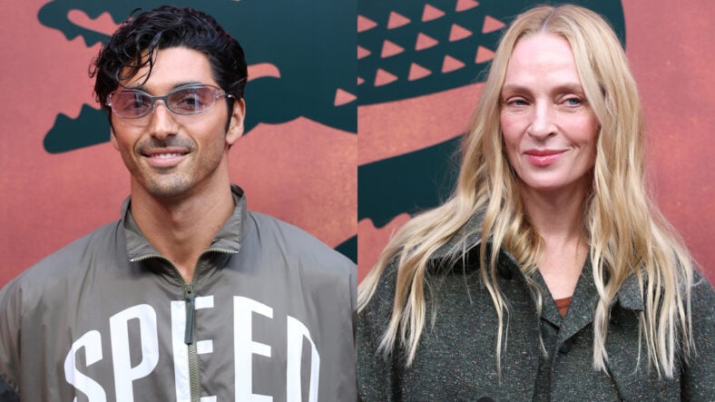Taylor Zakhar Perez and Uma Thurman pose for separate photos at Lacoste fashion show