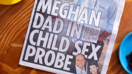 the front page of The Sun newspaper with allegations against Thomas Markle on October 24, 2026 in London, England. The Sun newspaper has claimed that Thomas Markle, the father of Meghan, Duchess of Sussex, has been accused of possessing indecent images of children