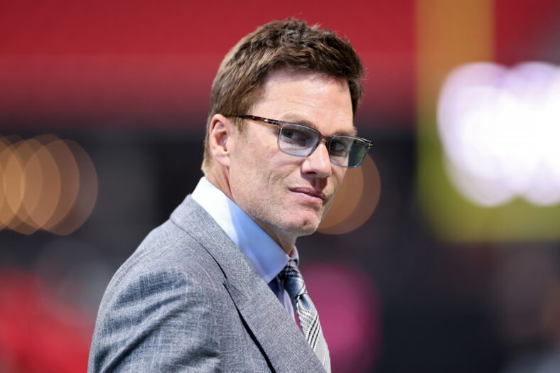 : Sports analyst Tom Brady looks on prior to the game between the Atlanta Falcons and the Chicago Bears at Mercedes-Benz Stadium on October 18, 2026 in Atlanta, Georgia.