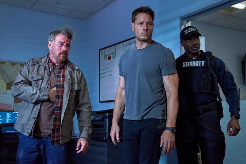 Derek Phillips as Sean Wooledge, Justin Hartley as Colter Shaw, Hiram Murray as Security Guard, in Tracker Season 4