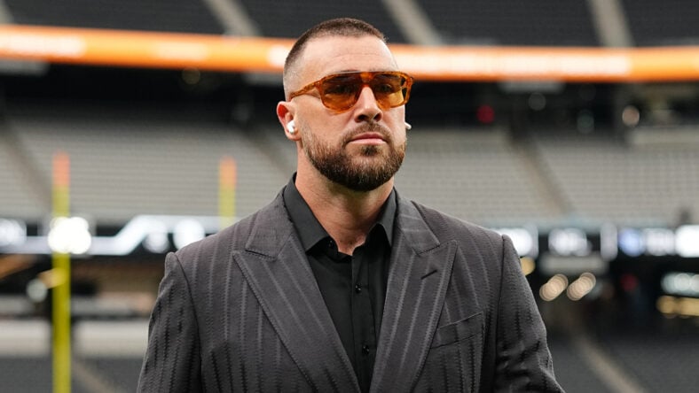 Travis Kelce arriving to his Kansas City Chiefs game against the Las Vegas Raiders at Allegiant Stadium on Sunday (October 4) in Las Vegas, Nevada.