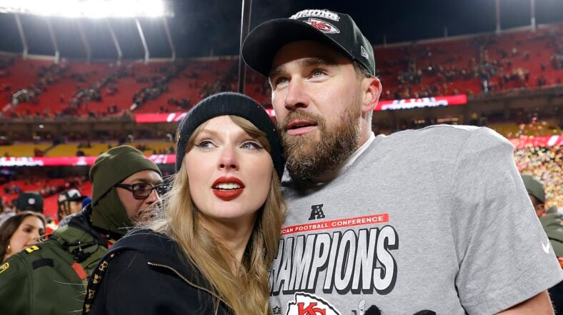 Taylor Swift celebrates with Travis Kelce #87 of the Kansas City Chiefs after defeating the Buffalo Bills 32-29 in the AFC Championship Game at GEHA Field at Arrowhead Stadium on January 26, 2025
