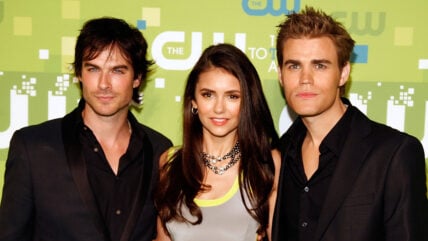 Ian Somerhalder, Nina Dobrev, Paul Wesley pose together at the 2011 CW upfronts