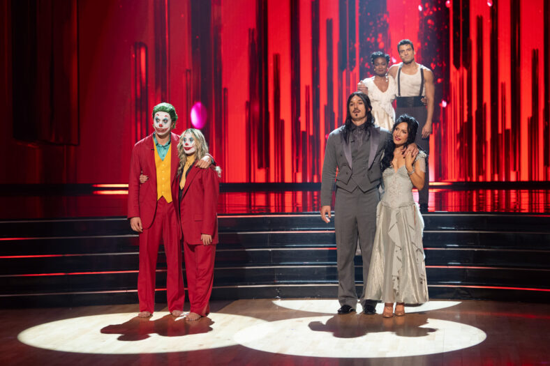 Tyler Cameron and Sharna Burgess during 10/27 episode of DWTS, about to be eliminated on stage