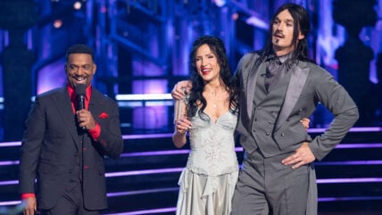 Tyler Cameron and Sharna Burgess during 10/27 episode of DWTS, receiving their scores