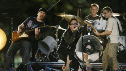 Music group U2 performs during halftime of Super Bowl XXXVI February 3, 2002 at the Superdome in New Orleans, LA. Super Bowl XXXVI is being played by the New England Patriots and the St. Louis Rams