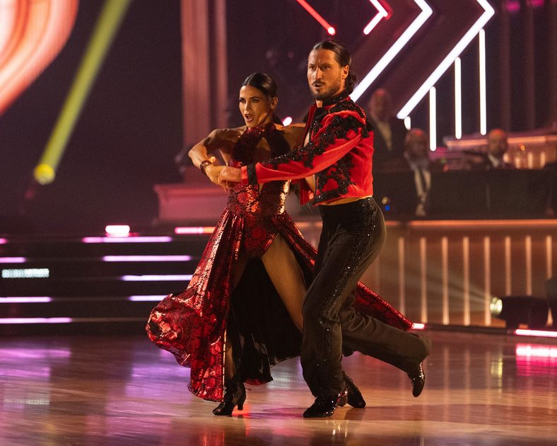 Jenna Dewan and Val Chmerkovskiy perform during Super Bowl Night on DWTS