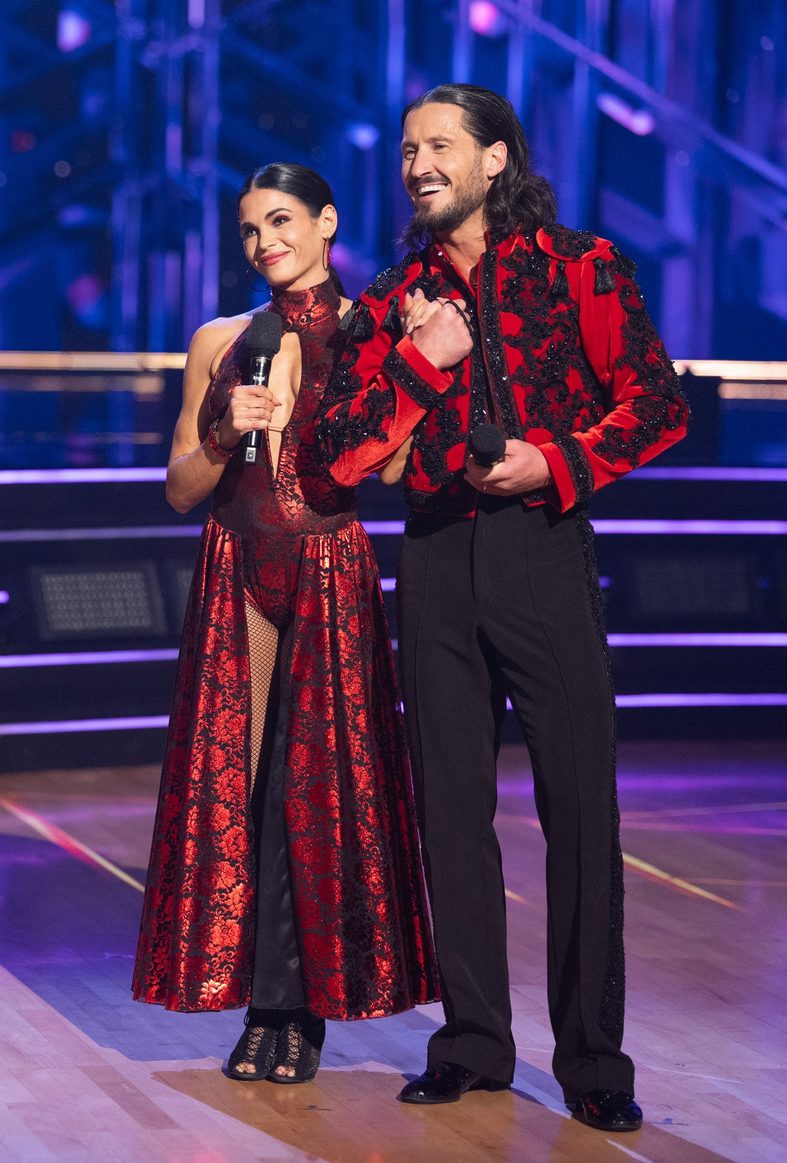 Still of Jenna Dewan and Val Chmerkovskiy get their critiques from the judges during Super Bowl Night on DWTS
